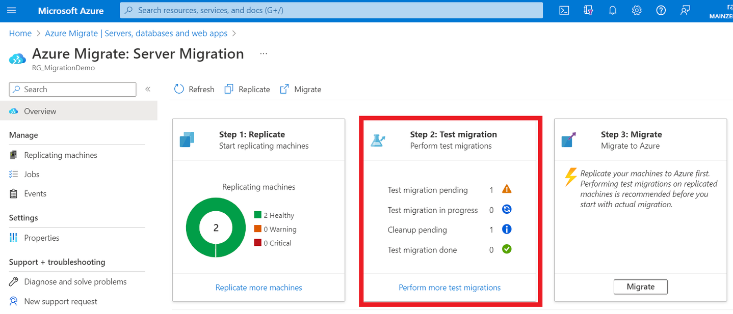 Überblick über den Status der Testmigration