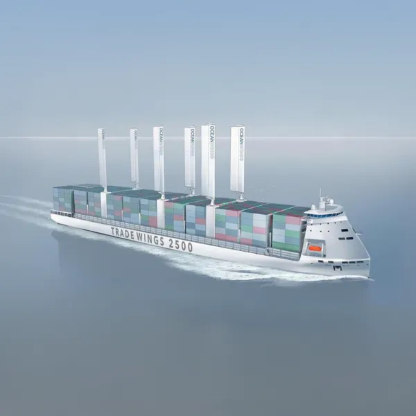 A model of a container ship with 6 elevator wingsails from OceanWings. On the side, it desplays "Trade Wings 2500." 