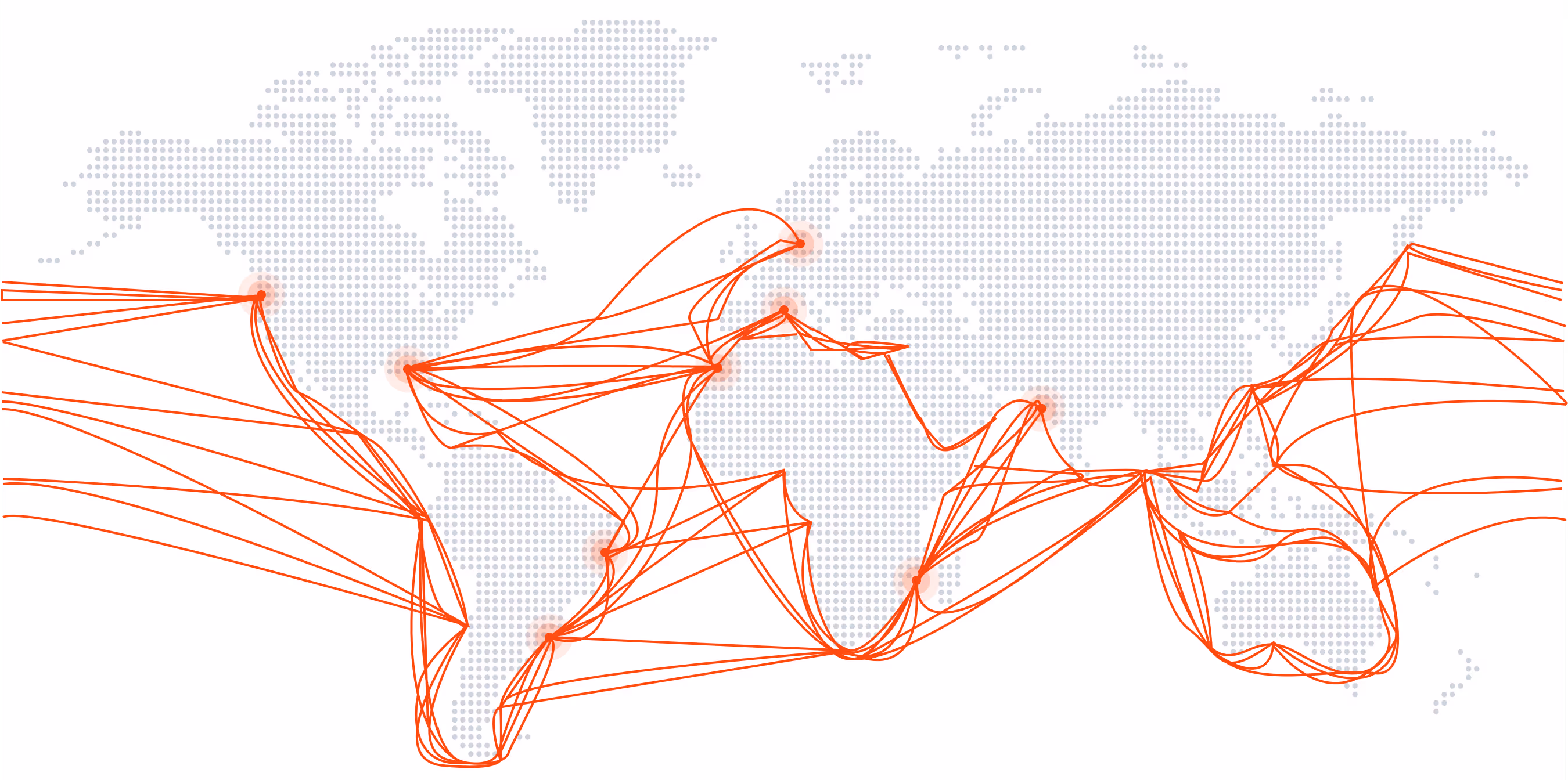 The world map, showing the typical trading route taken by Canopée RoRo. The orange dots represent the ports used by Canopée RoRo, and the orange lines show the routes from one port to another. The orange dots and lines show that the vessel circuite between Europe and French Guiana.