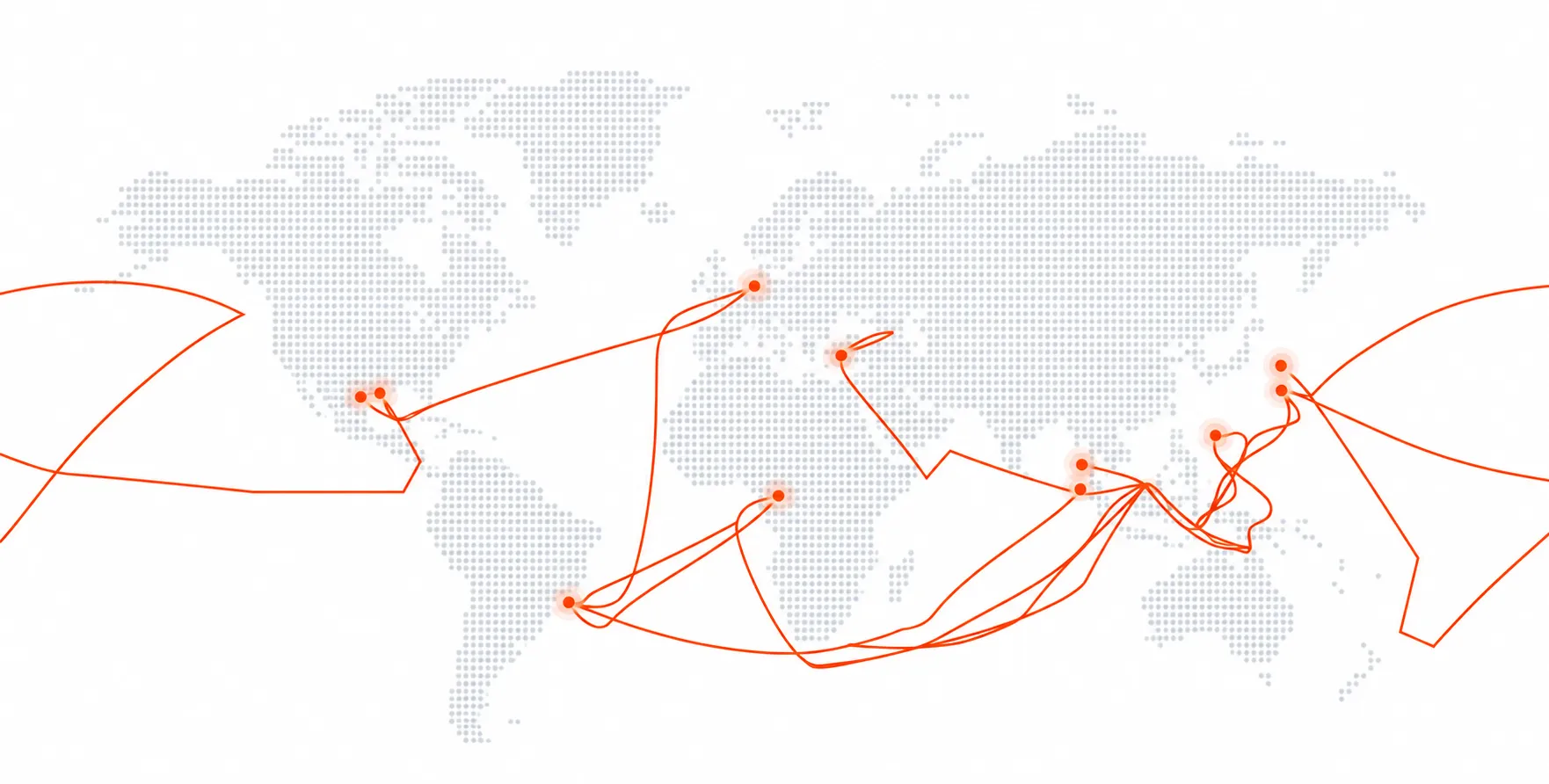The world map, showing the typical trading route taken by Maria Topic. The orange dots represent the ports used by Maria Topic, and the orange lines show the routes from one port to another. 