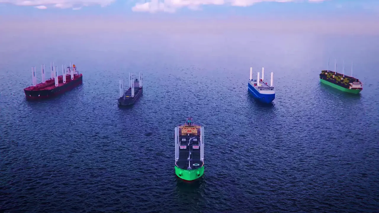 Five commercial vessels in parallel on the ocean. Each vessel has a few OceanWings on the vessel.