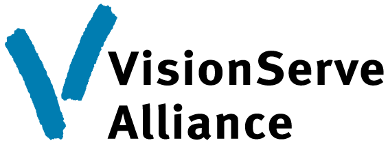 logo for VisionServe Alliance, a large, stylized blue "v" next to "VisionServe Alliance" in bold black text