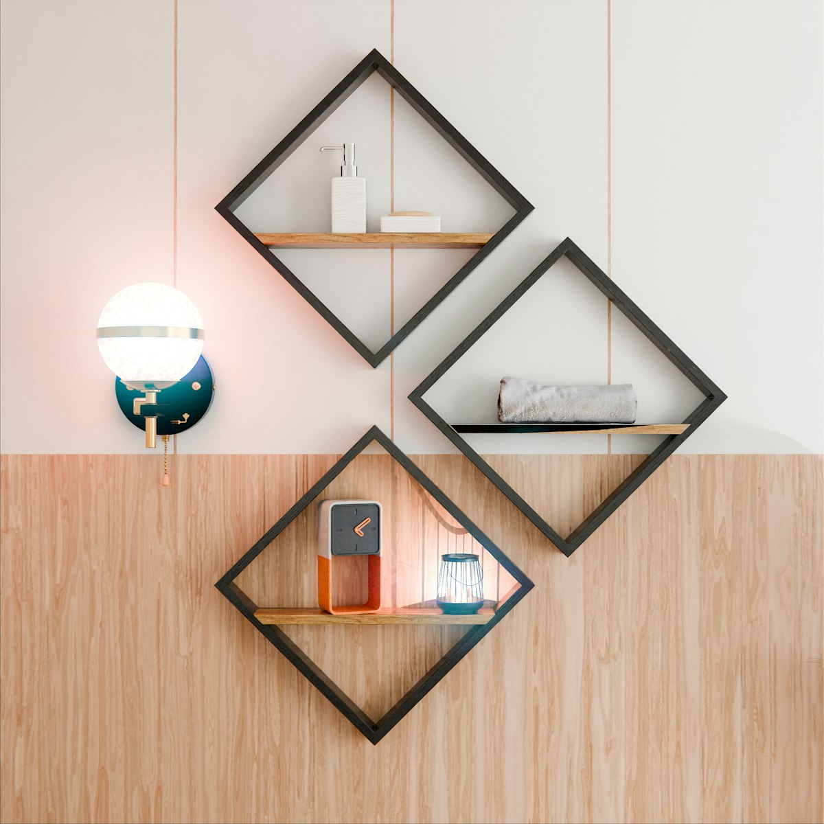ชั้นวางรูปเพชรบนผนัง Accent Wall ลายไม้