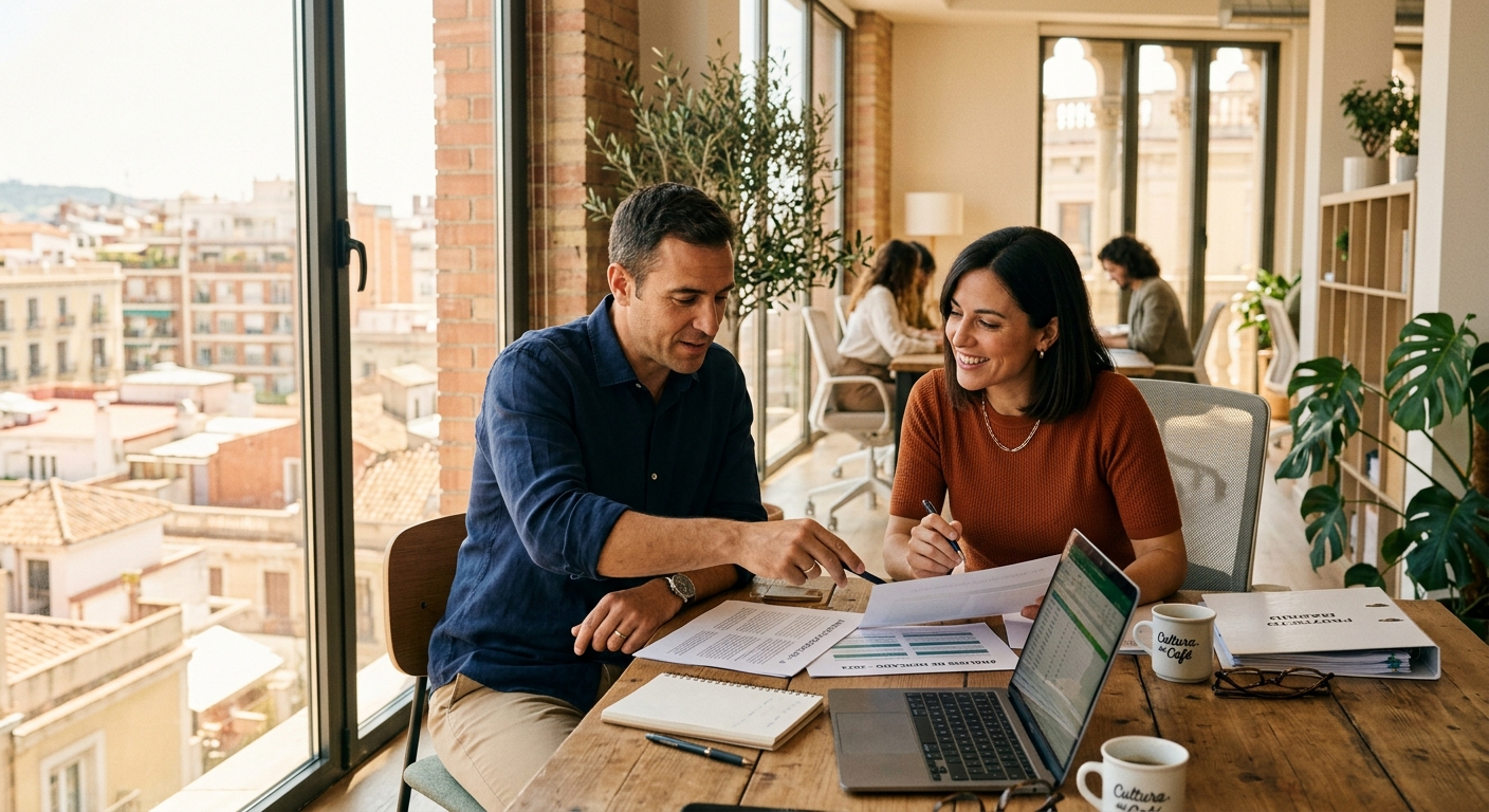 Dos personas revisando documentos de constitución de empresa en una oficina en España