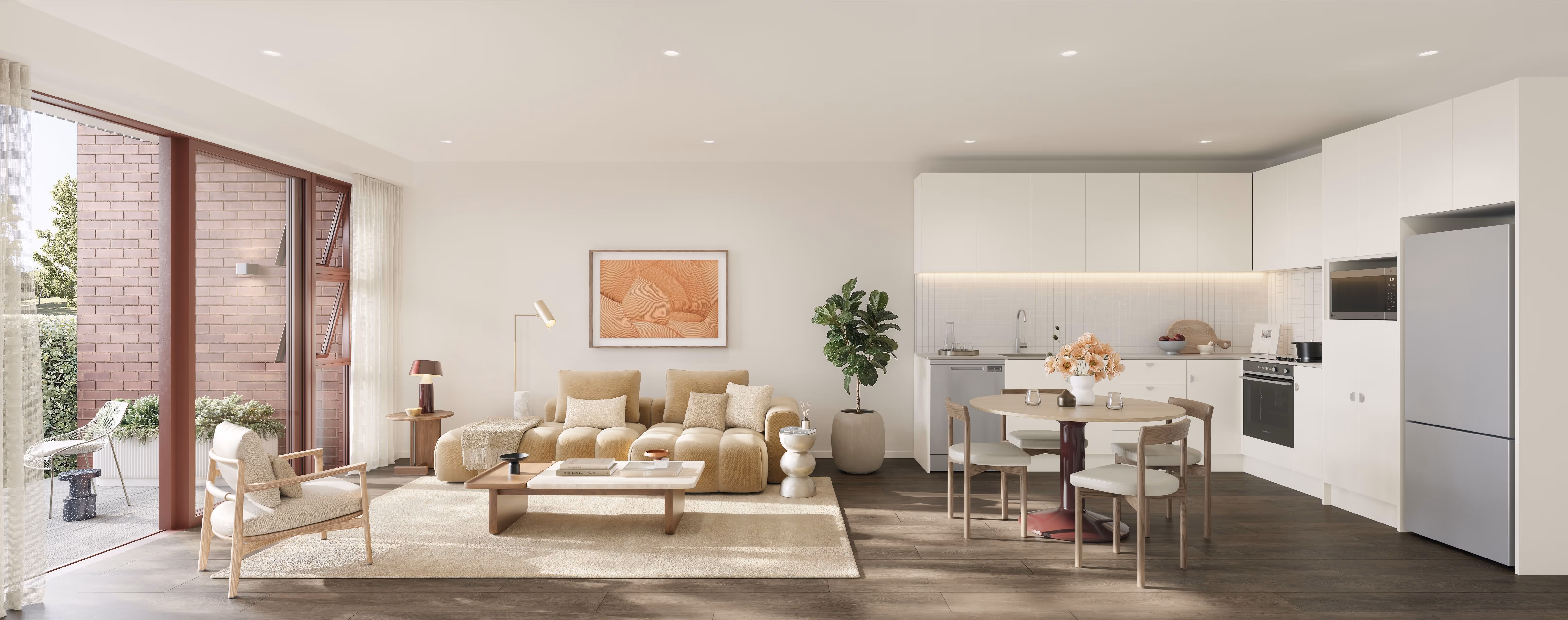 Interior rendering of an Olympus apartment showing an open-plan living and kitchen area with neutral furnishings, natural light streaming through large glass doors leading to a private patio, and contemporary white kitchen with integrated appliances.