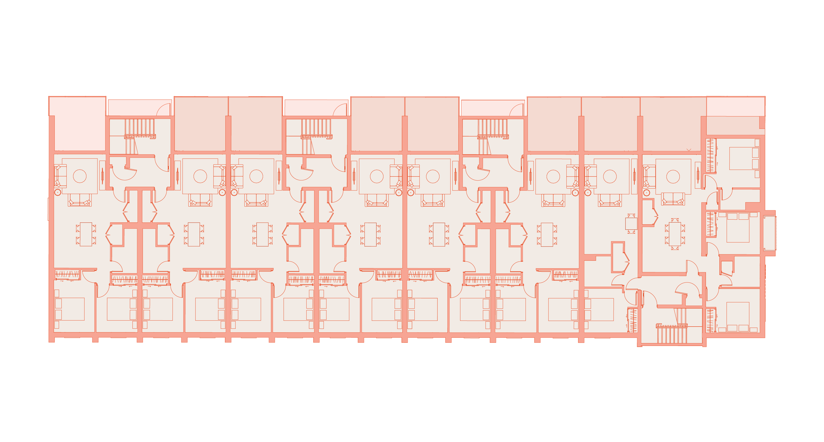 Floor plan of building B showing multiple apartments including bedrooms, living rooms, dining areas, kitchens, and staircases.