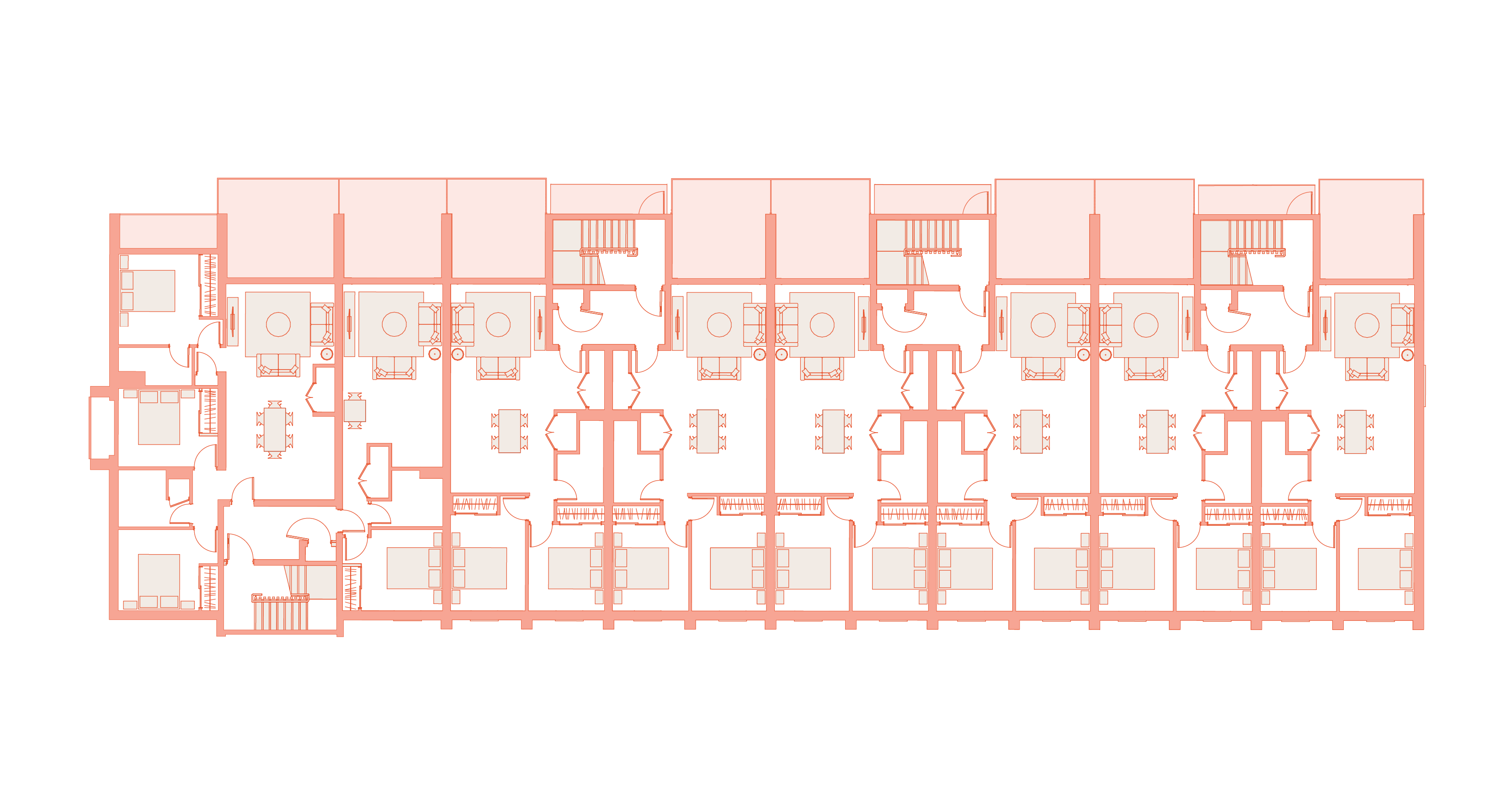 Floor plan of building A showing multiple apartments including bedrooms, living rooms, dining areas, kitchens, and staircases.
