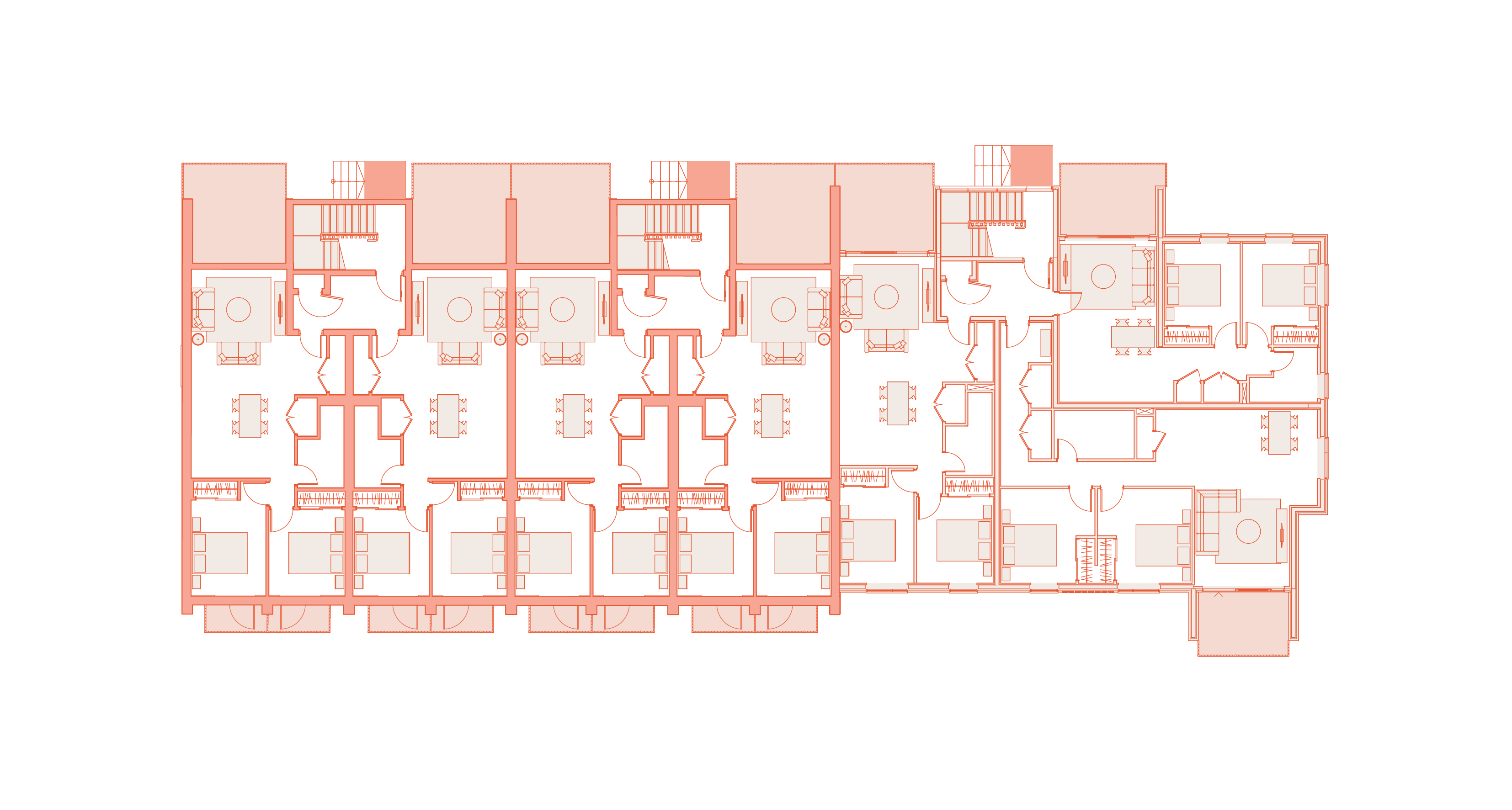 Floor plan of building D showing multiple apartments including bedrooms, living rooms, dining areas, kitchens, and staircases.