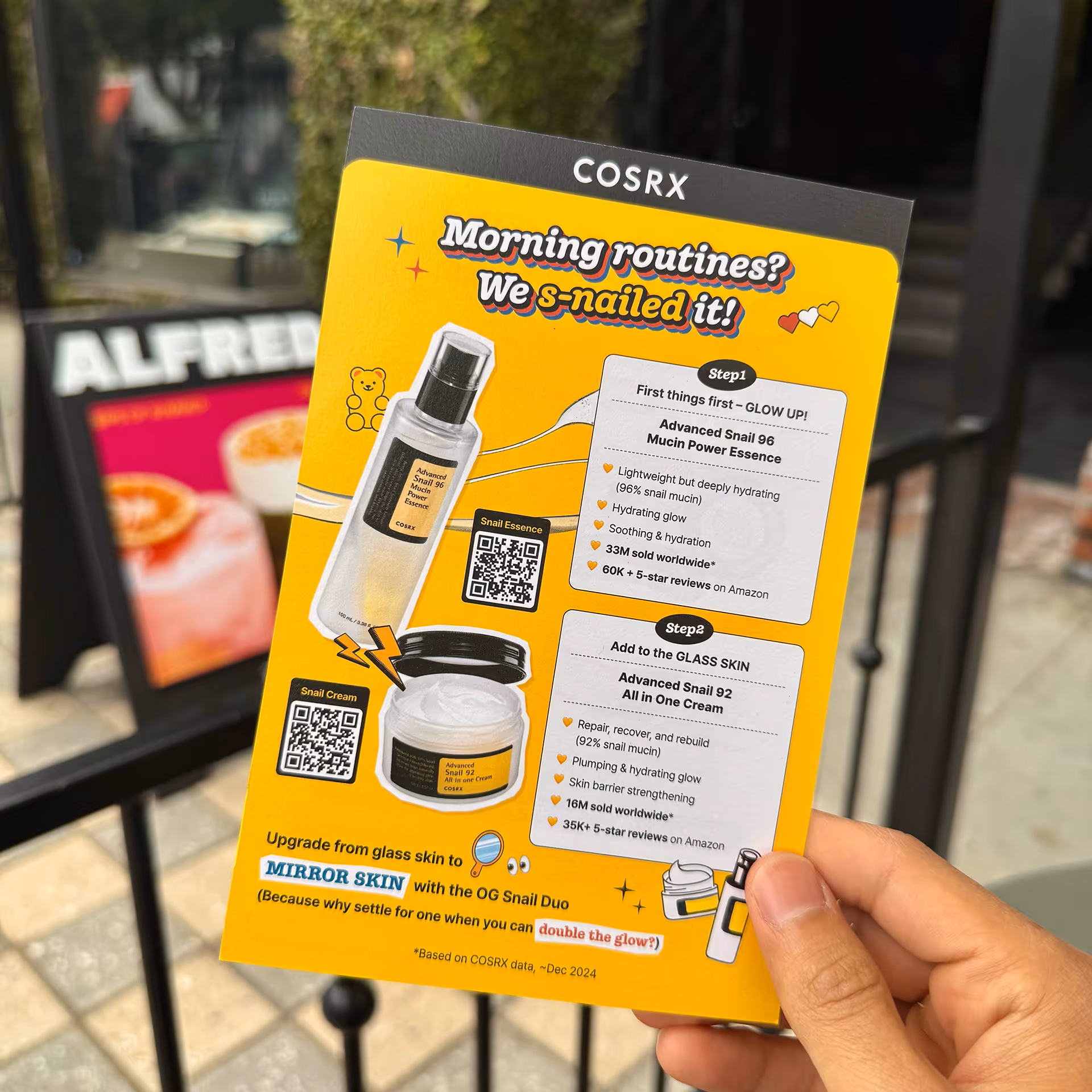 COSRX information card detailing skincare routine steps starting with the Snail 96 Power Essence followed by Snail 92 All-in-One Moisturizing Cream