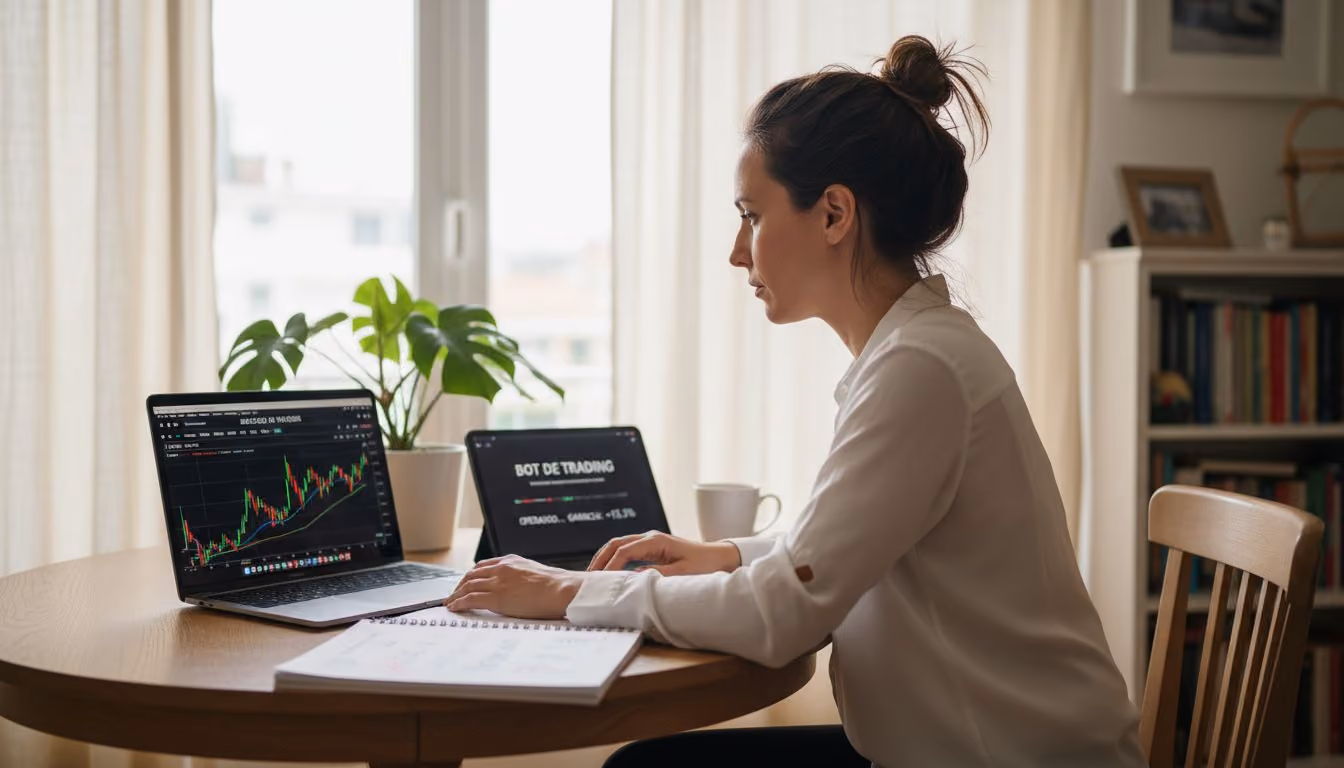 Una mujer trabaja en su portátil mientras gestiona operaciones de trading automatizado.