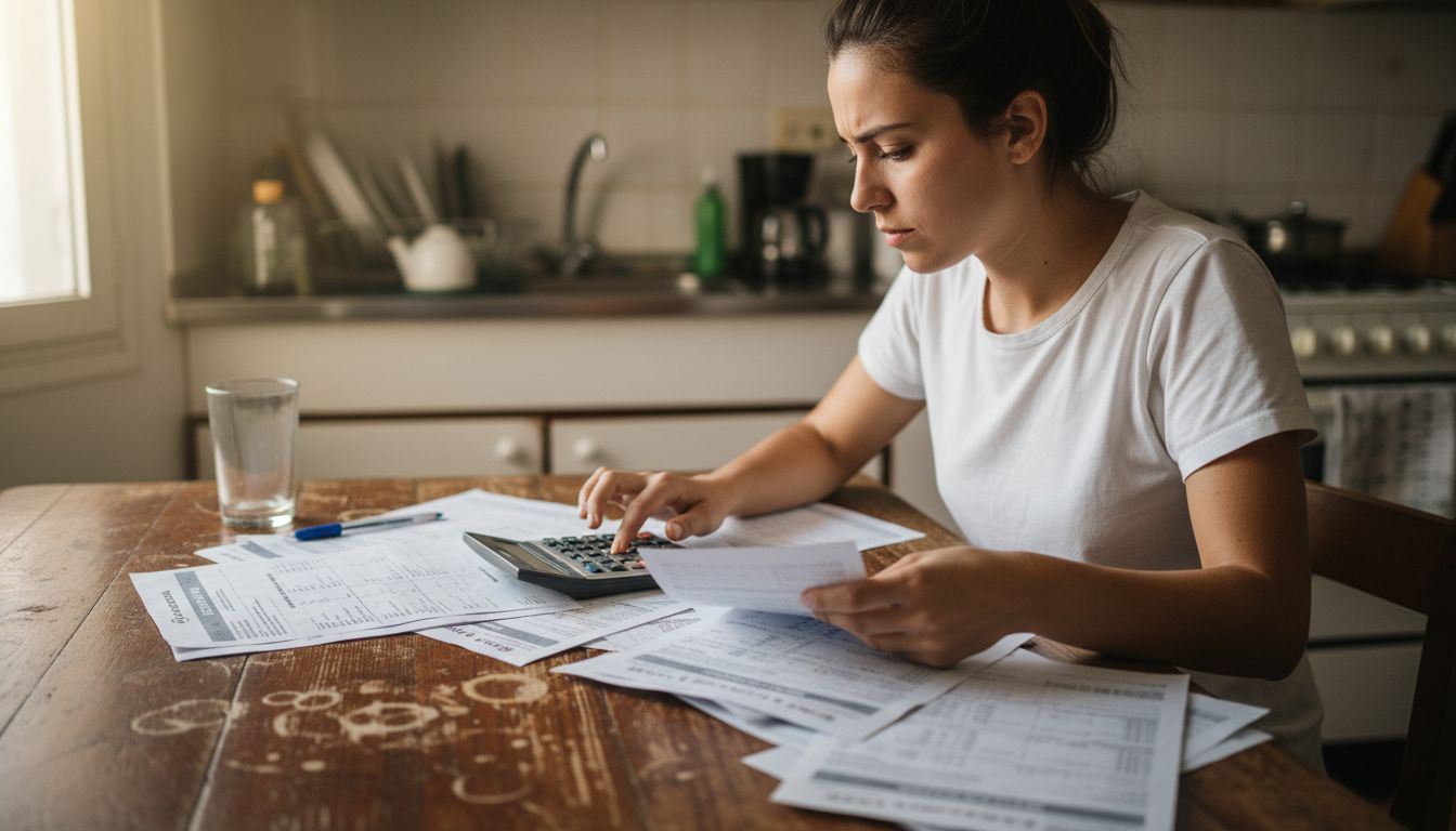 Mujer revisando las cuentas del hogar con documentos en mano