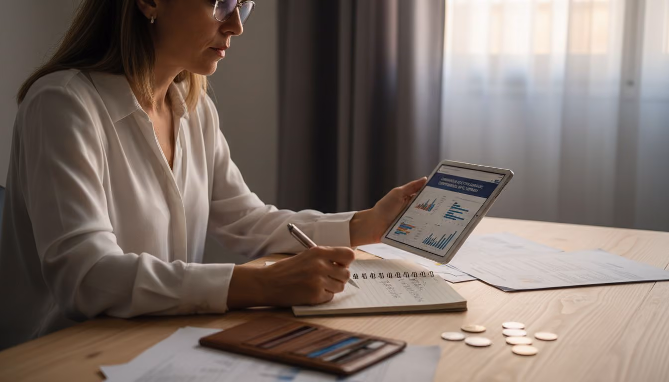 Una mujer revisa y compara diferentes activos digitales desde su puesto de trabajo en la oficina.