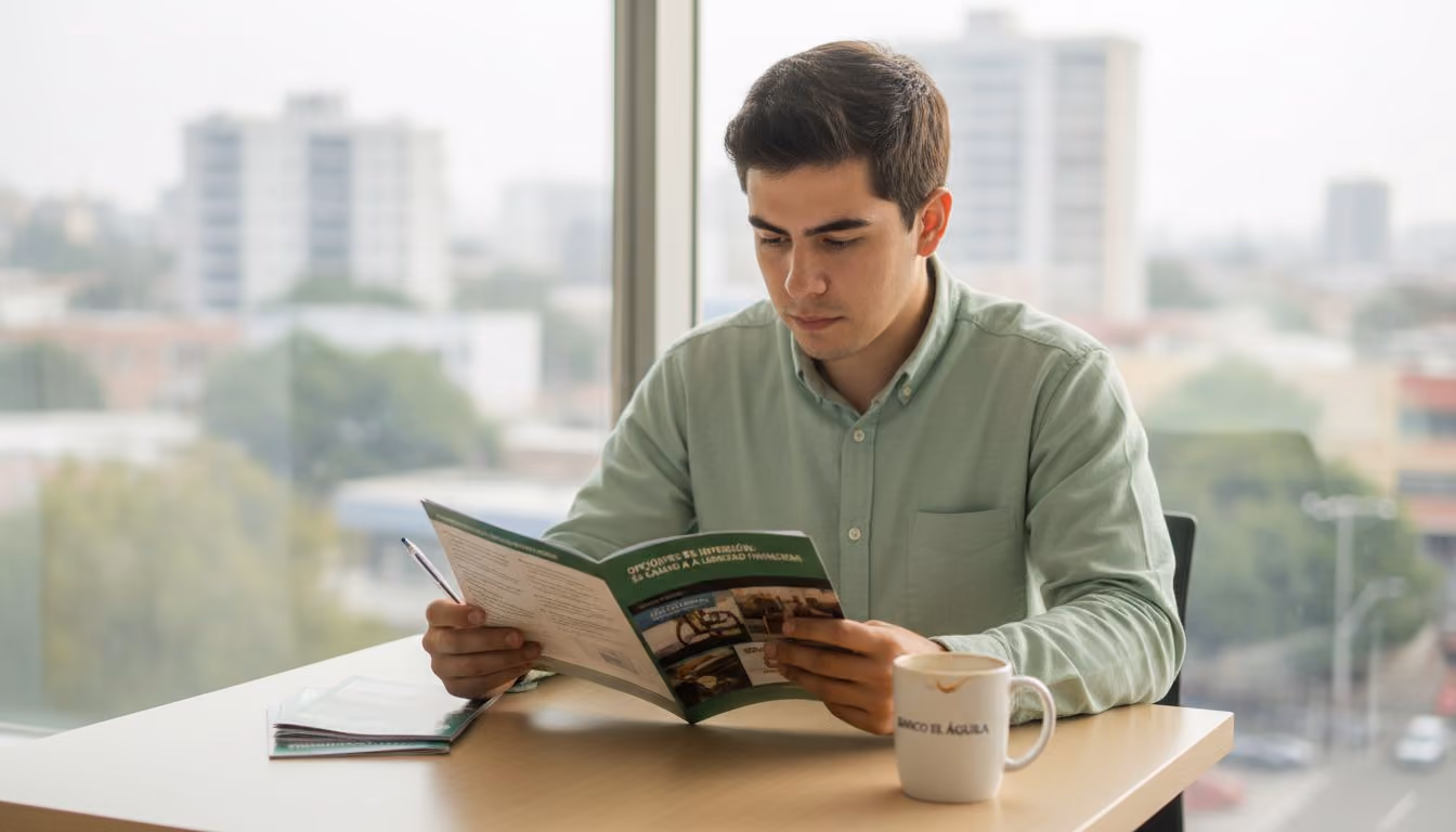 Un joven consulta información sobre opciones de inversión en la sucursal bancaria.