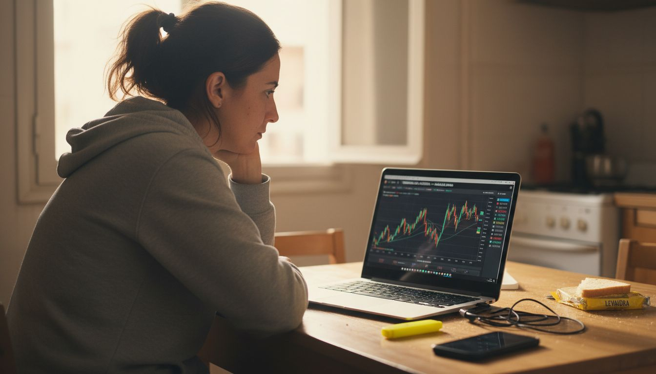 Mujer revisando el comportamiento de la bolsa en su portátil