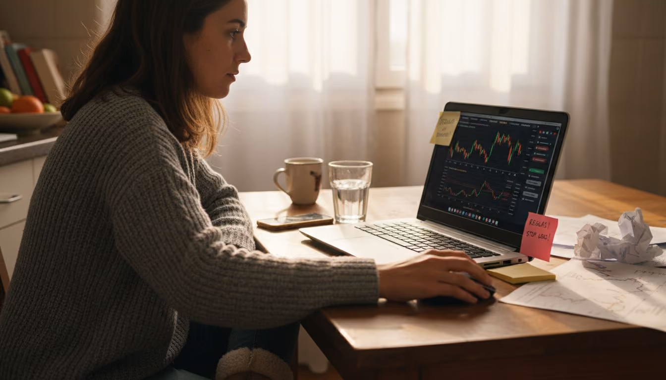 Persona que está dando sus primeros pasos en el mundo del trading, trabajando con su portátil desde la mesa de la cocina.
