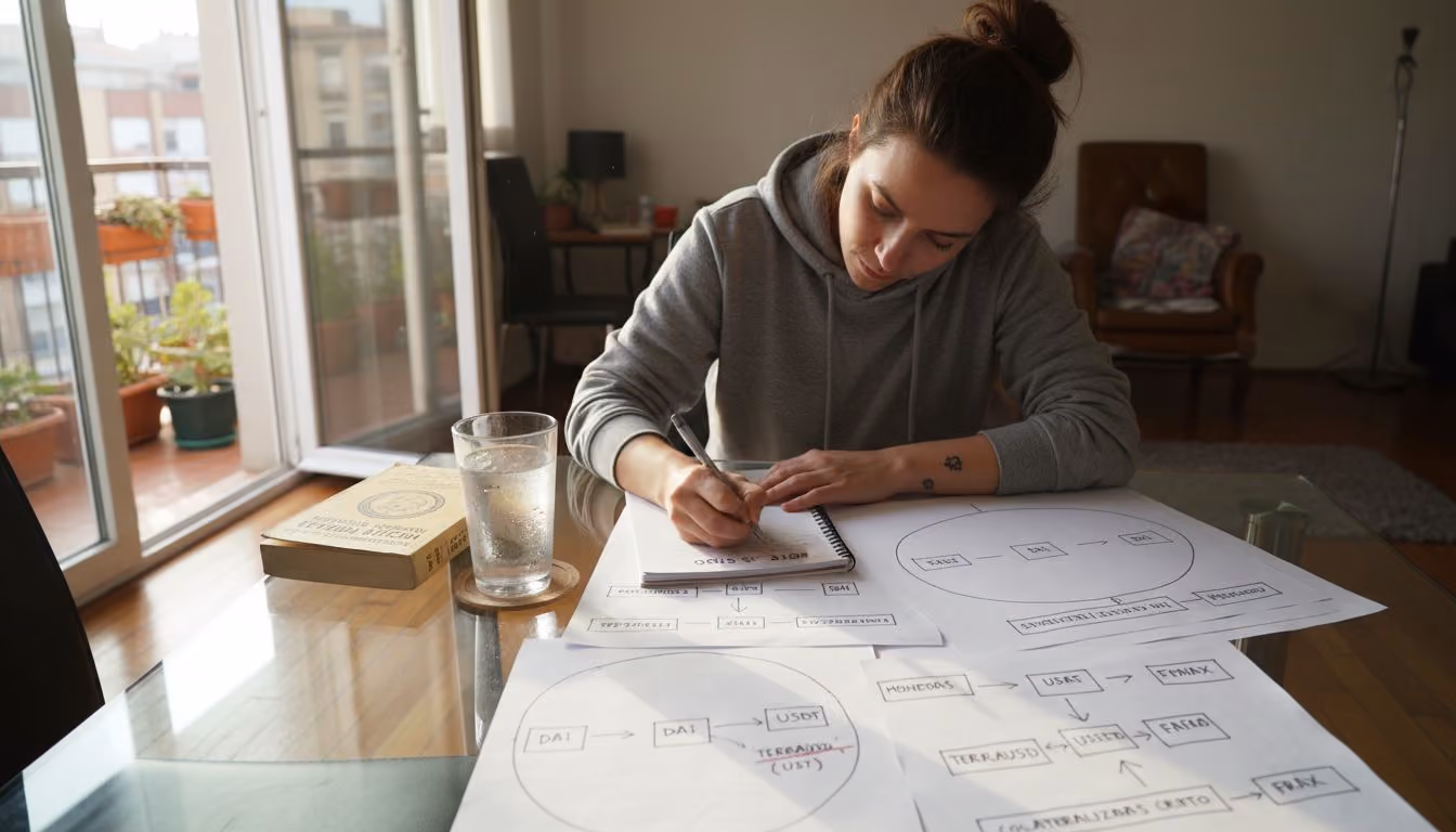 Mujer analizando y comparando diferentes tipos de stablecoins sentada en una mesa