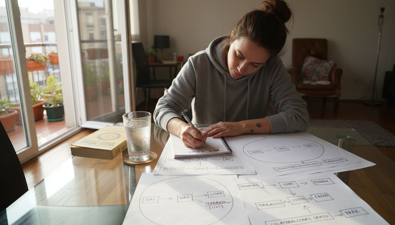 Mujer analizando y comparando diferentes tipos de stablecoins sentada en una mesa