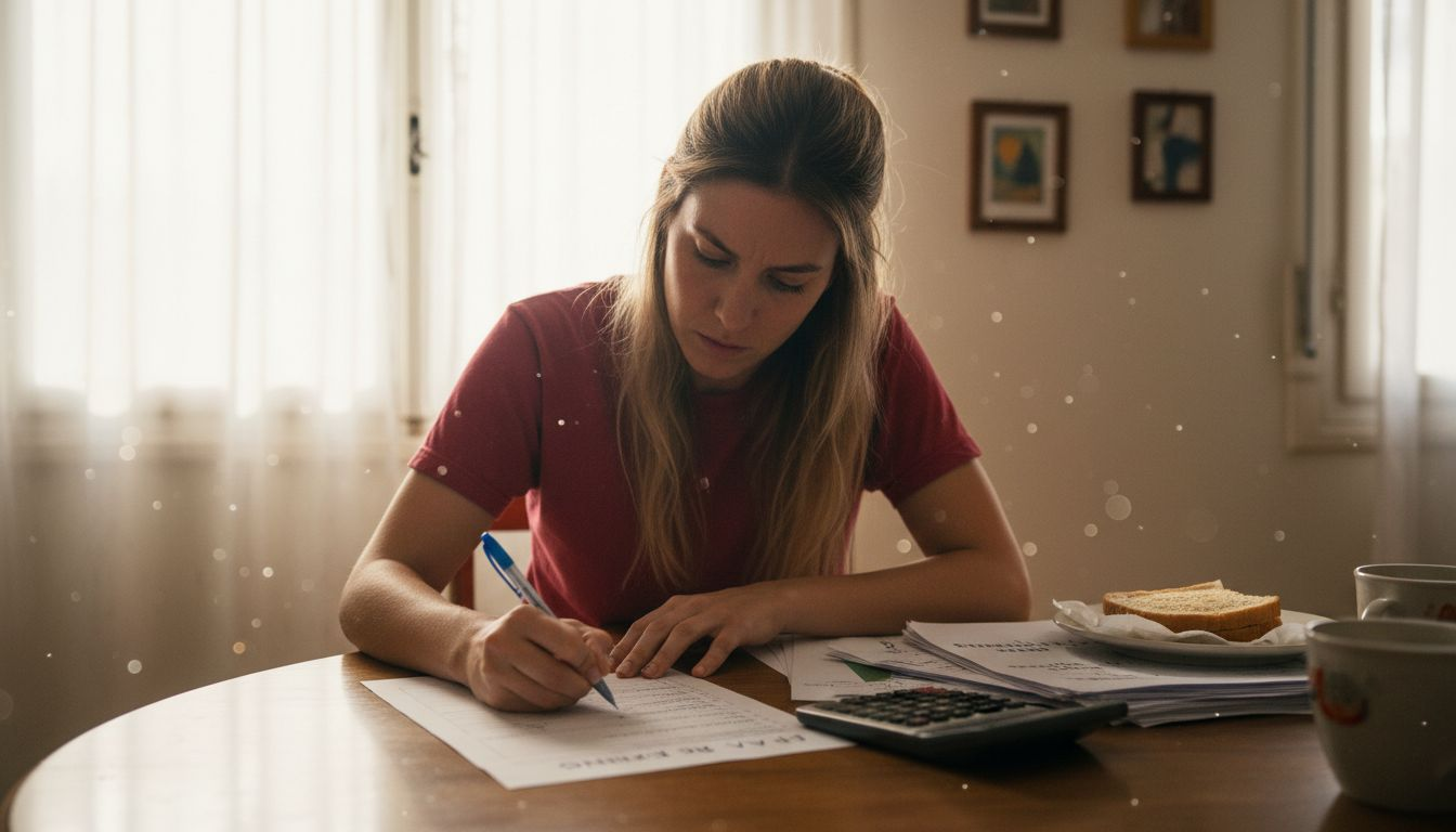 Una mujer organiza su estrategia de inversión sentada en la mesa de la cocina.
