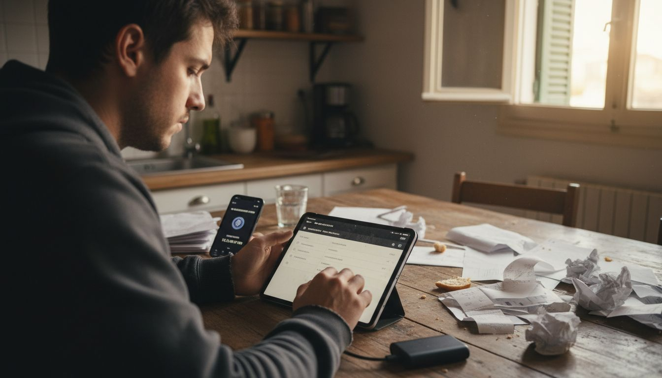 Hombre organizando sus activos digitales desde su oficina en casa