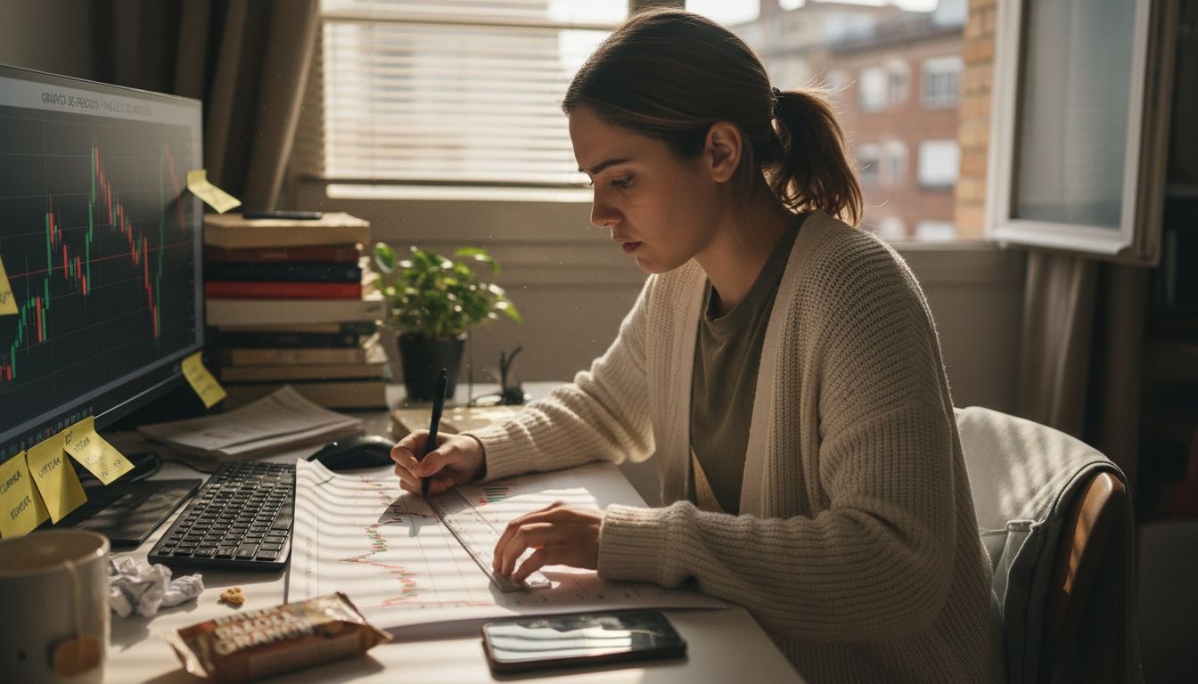Mujer trazando líneas de soporte y resistencia en un gráfico