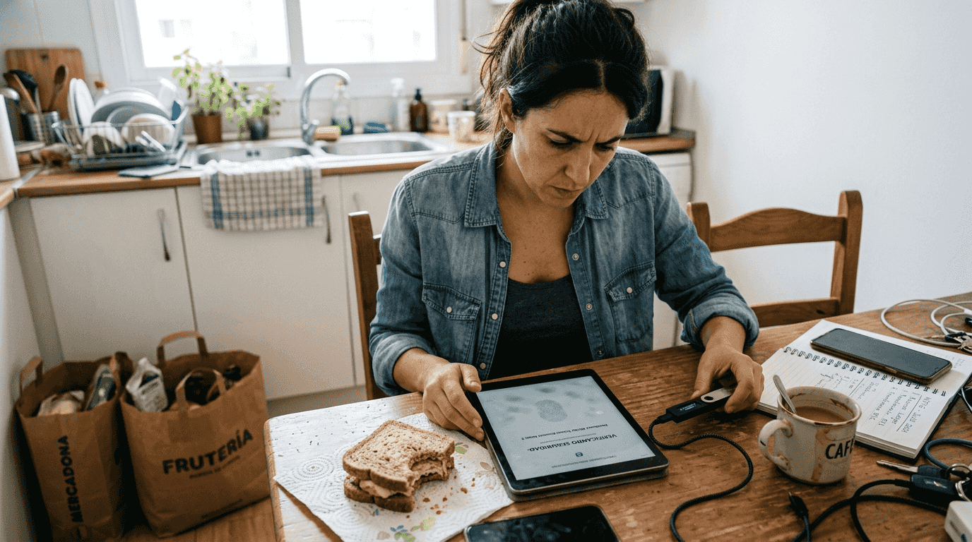 Woman secures cryptocurrency at kitchen table