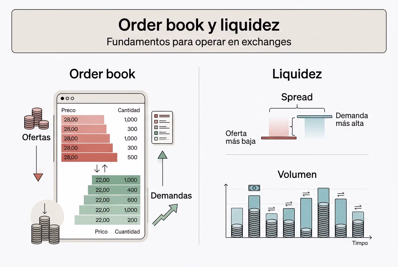 Infografía sobre cómo funciona el libro de órdenes y la liquidez en el mercado de criptomonedas