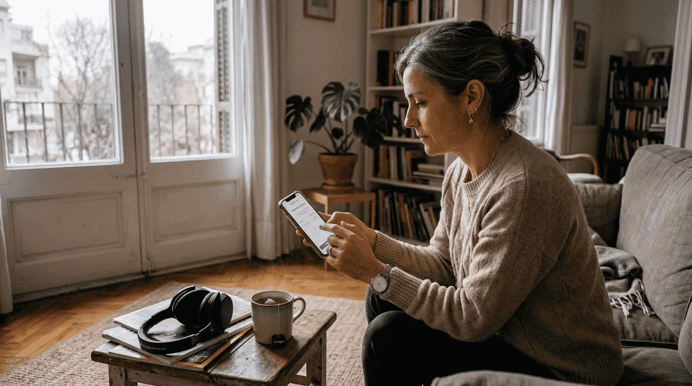 Una mujer realiza una transferencia de criptomonedas desde una sala.