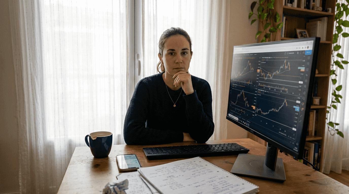 Mujer inversora reflexionando en su espacio de trabajo, sentada a la mesa del comedor.