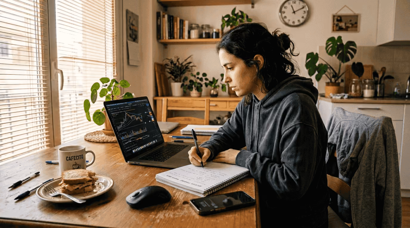 Mujer operando en bolsa desde su cocina con un sistema de machine learning