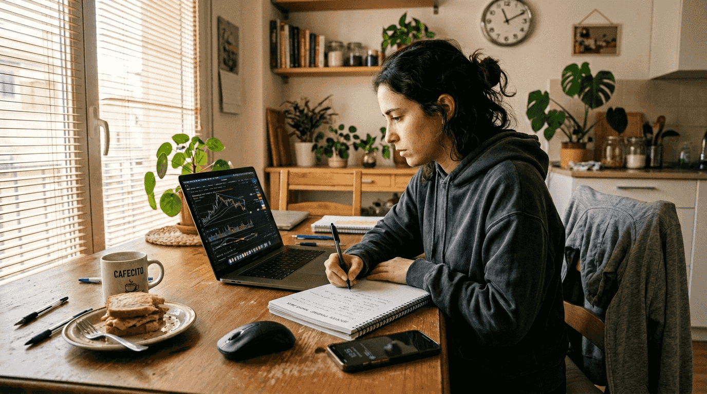 Mujer operando en bolsa desde su cocina con un sistema de machine learning