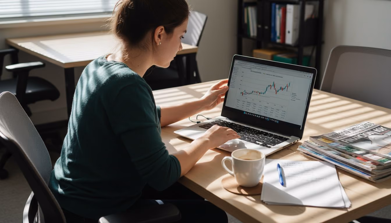 Mujer revisando y editando un gráfico en su portátil mientras trabaja en la oficina