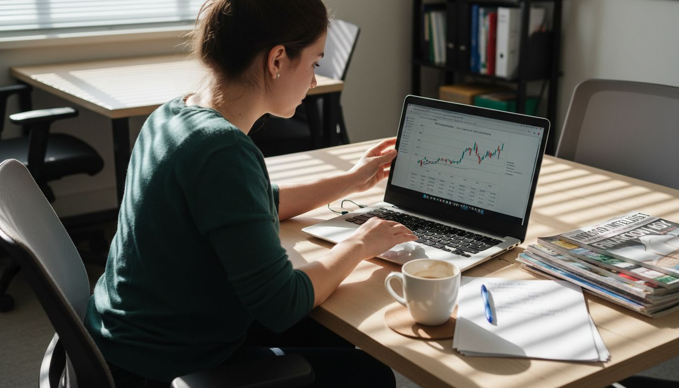 Mujer revisando y editando un gráfico en su portátil mientras trabaja en la oficina