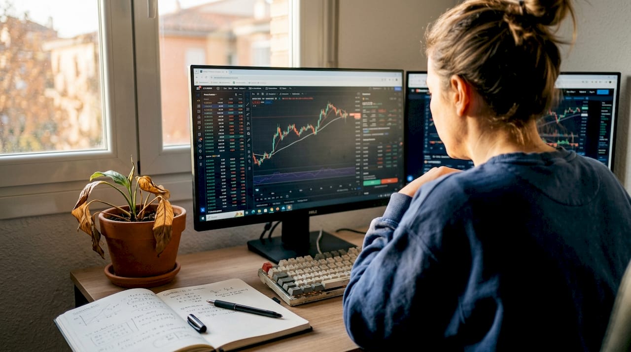 Mujer analizando resultados de backtesting de trading en su oficina
