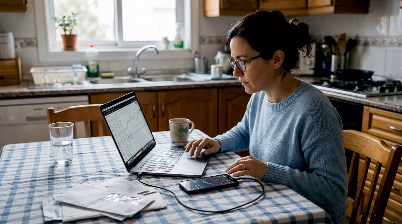 Mujer revisando y comparando el valor de distintas criptomonedas mientras está en la cocina