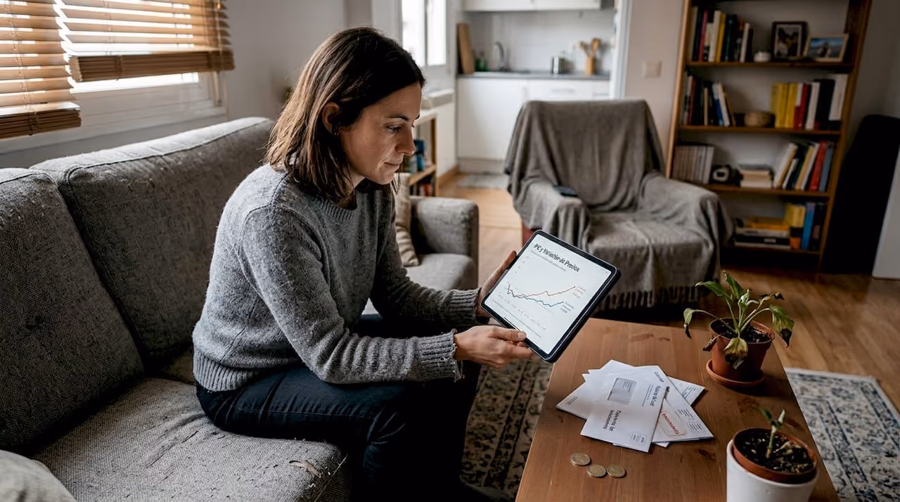 Una mujer observa detenidamente un gráfico sobre la inflación en su tablet.