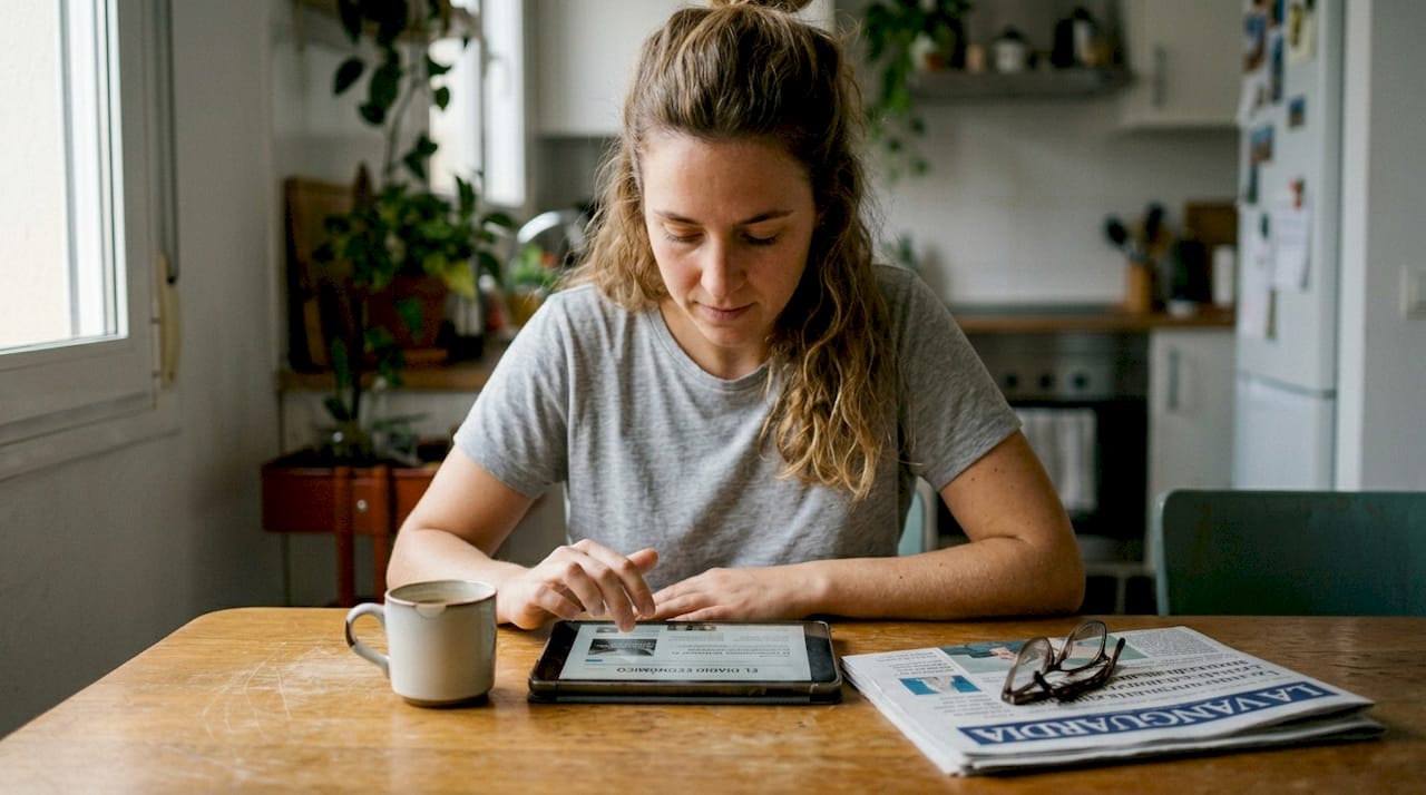 Una mujer revisa las últimas noticias económicas mientras está sentada a la mesa.