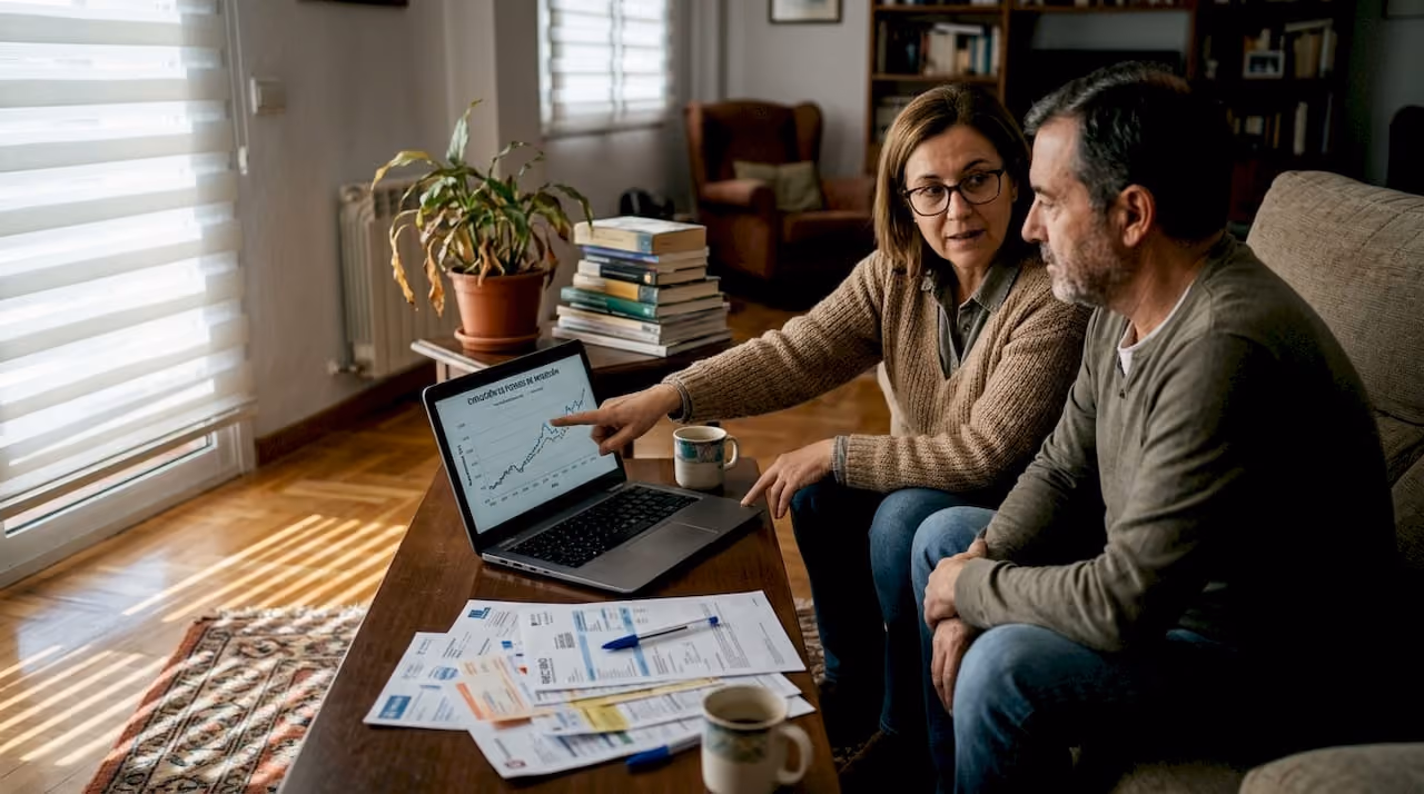 Una pareja revisa gráficos de inversión juntos en el salón de su casa.
