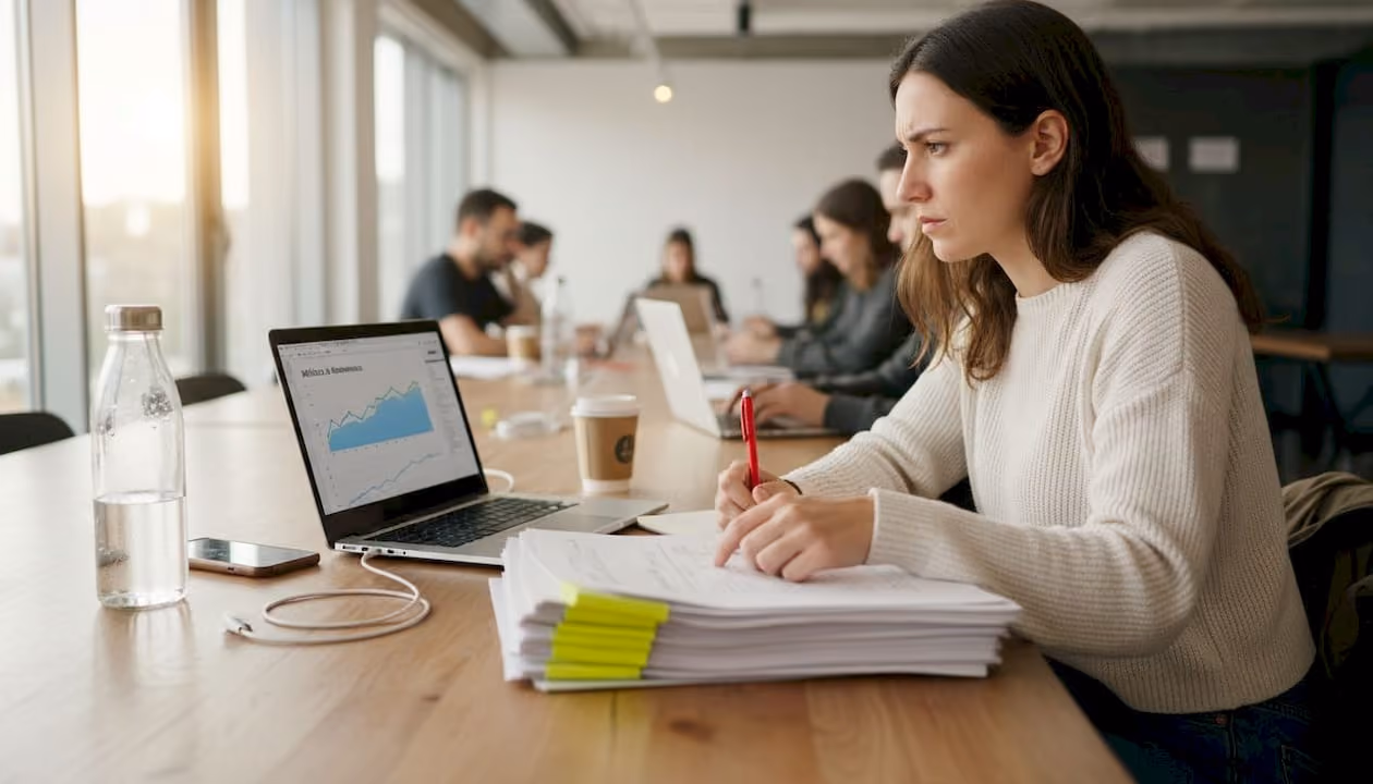 Mujer revisando los datos de un estudio sobre el comportamiento de las acciones en la bolsa
