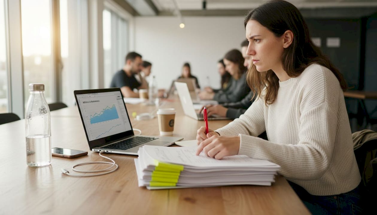 Mujer revisando los datos de un estudio sobre el comportamiento de las acciones en la bolsa