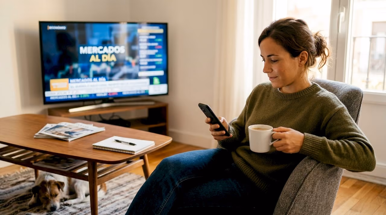 Mujer informándose sobre la actualidad económica desde su casa