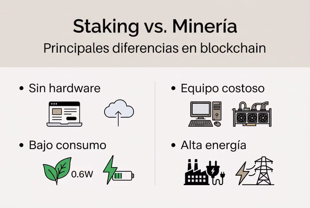 Infografía: diferencias clave entre hacer staking y minar criptomonedas