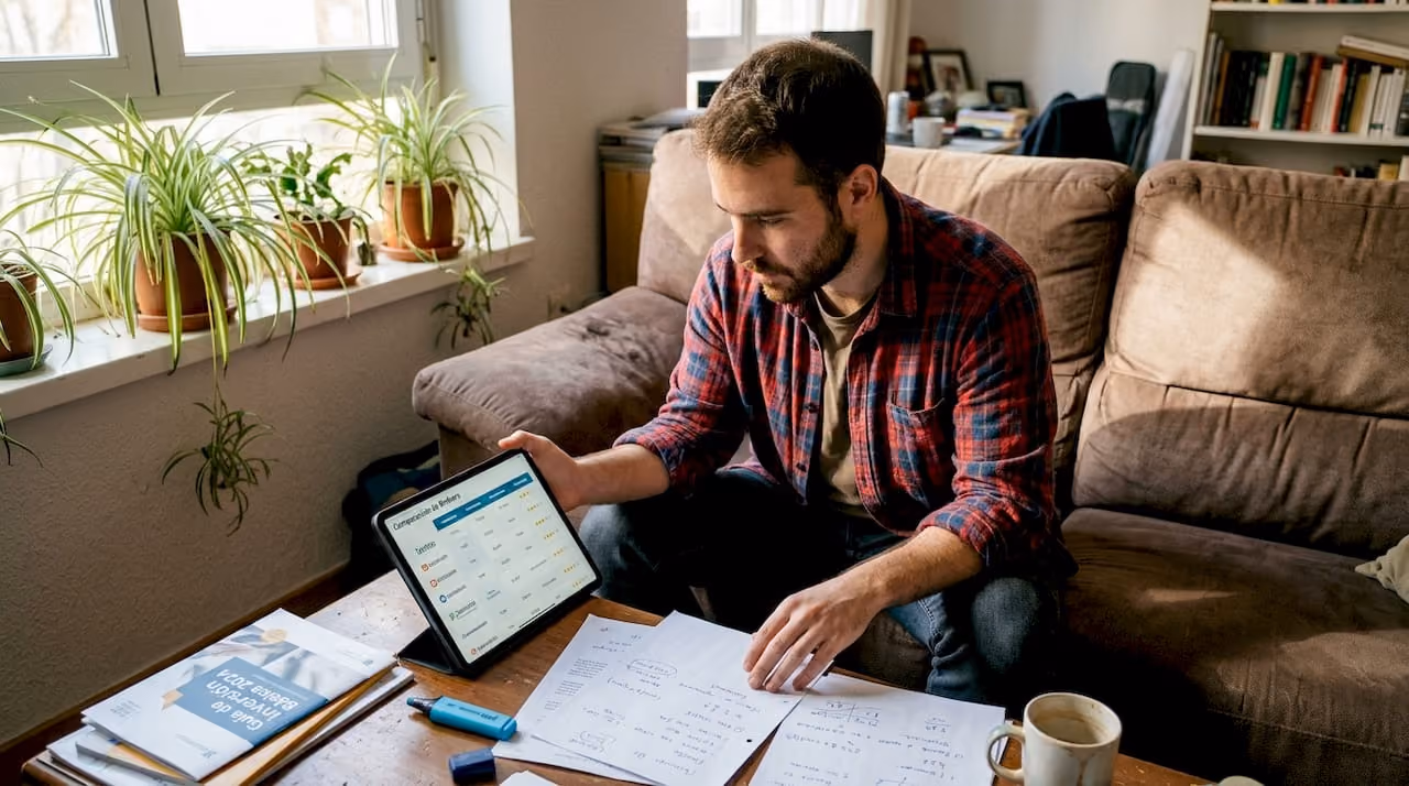Hombre revisando y comparando diferentes brókers desde su tablet, cómodamente sentado en el salón de su casa.