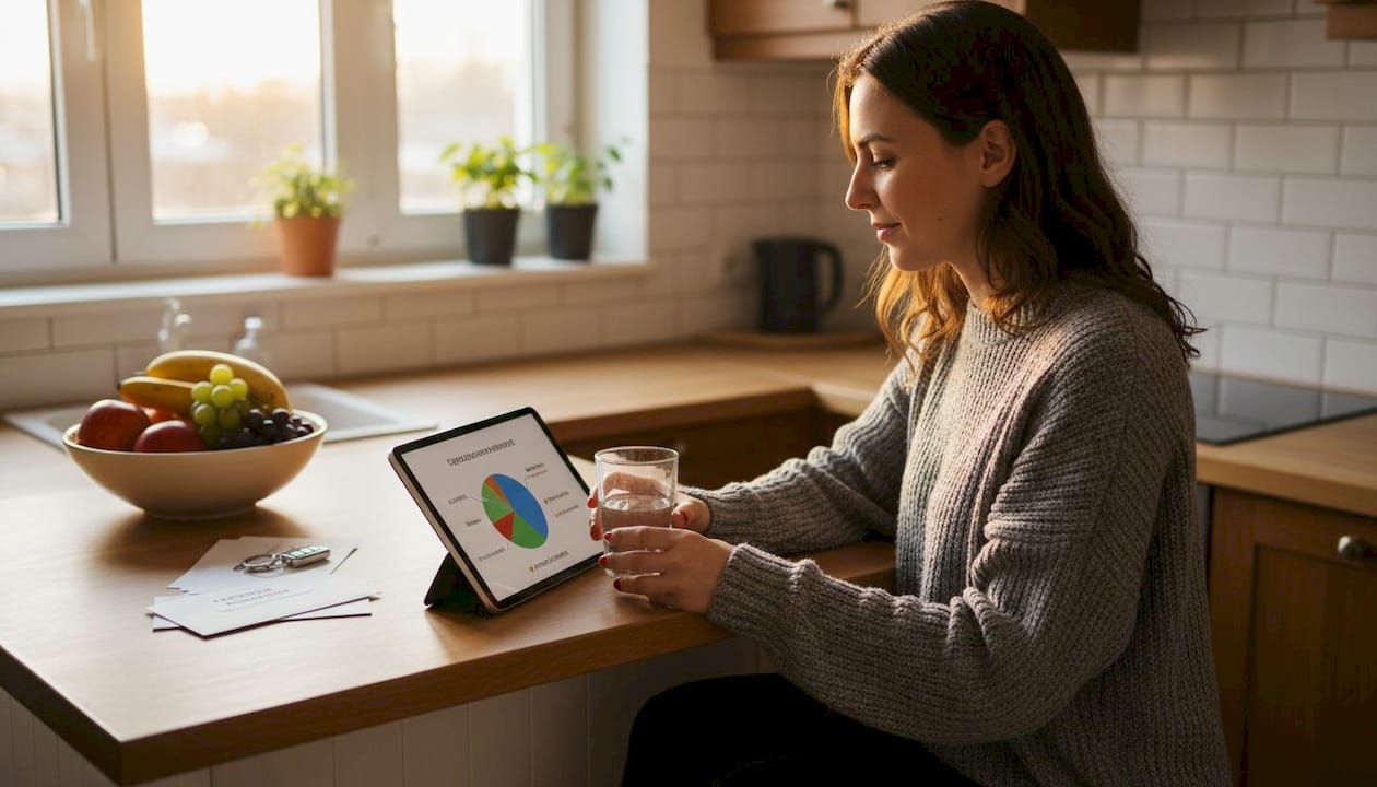 Una mujer analiza detenidamente los riesgos de sus inversiones mientras está sentada en la encimera de la cocina.