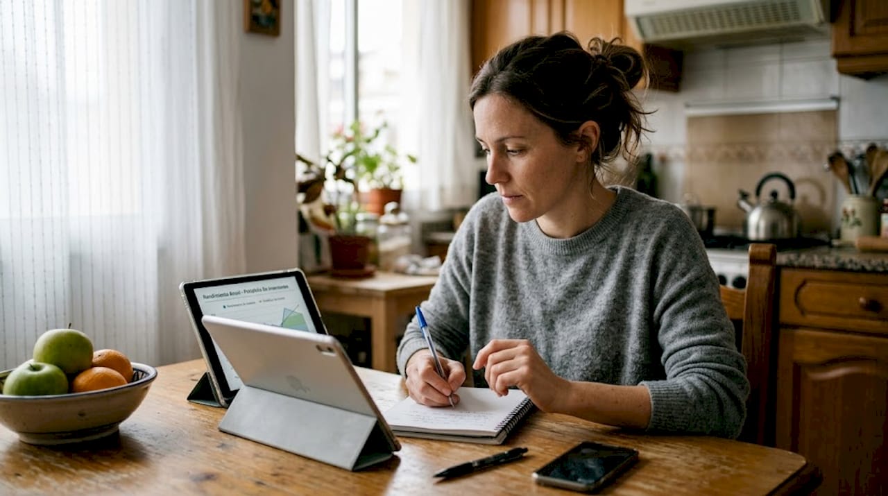 Una mujer revisa el rendimiento de sus fondos ETF mientras está sentada en la mesa de la cocina.