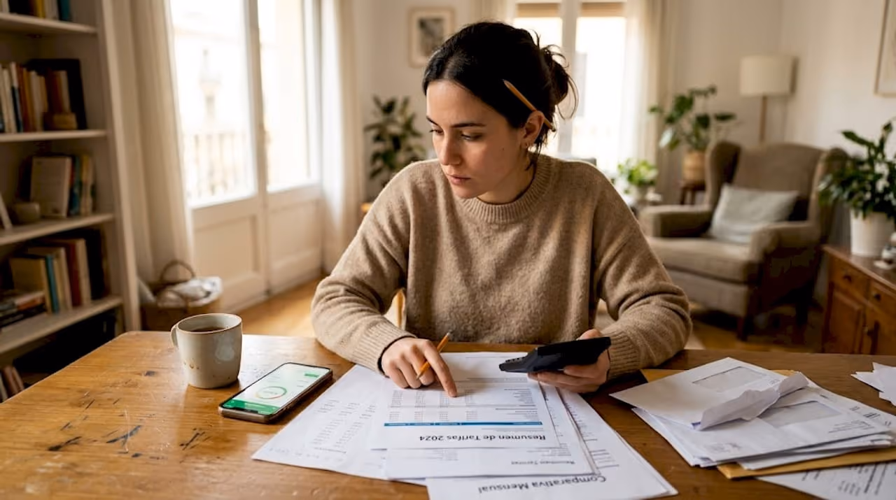 Mujer revisando y comparando las comisiones de distintos fondos de inversión indexada