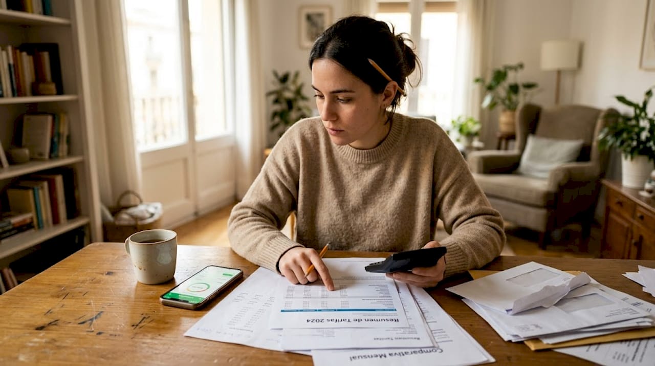 Mujer revisando y comparando las comisiones de distintos fondos de inversión indexada
