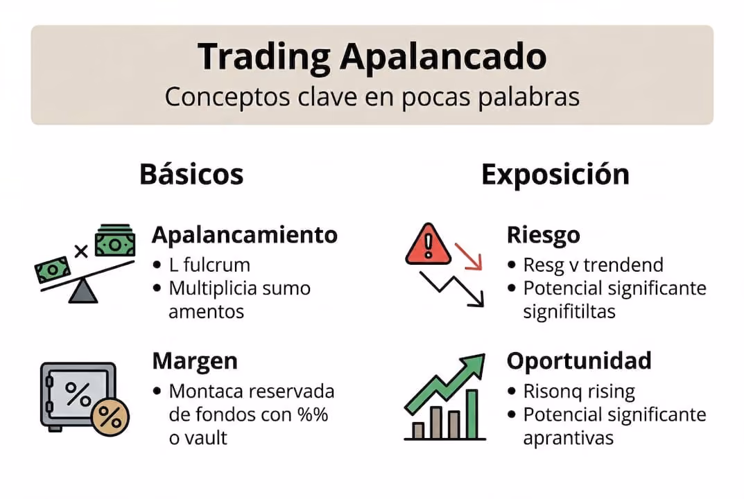 Infografía sobre los conceptos fundamentales del trading con apalancamiento