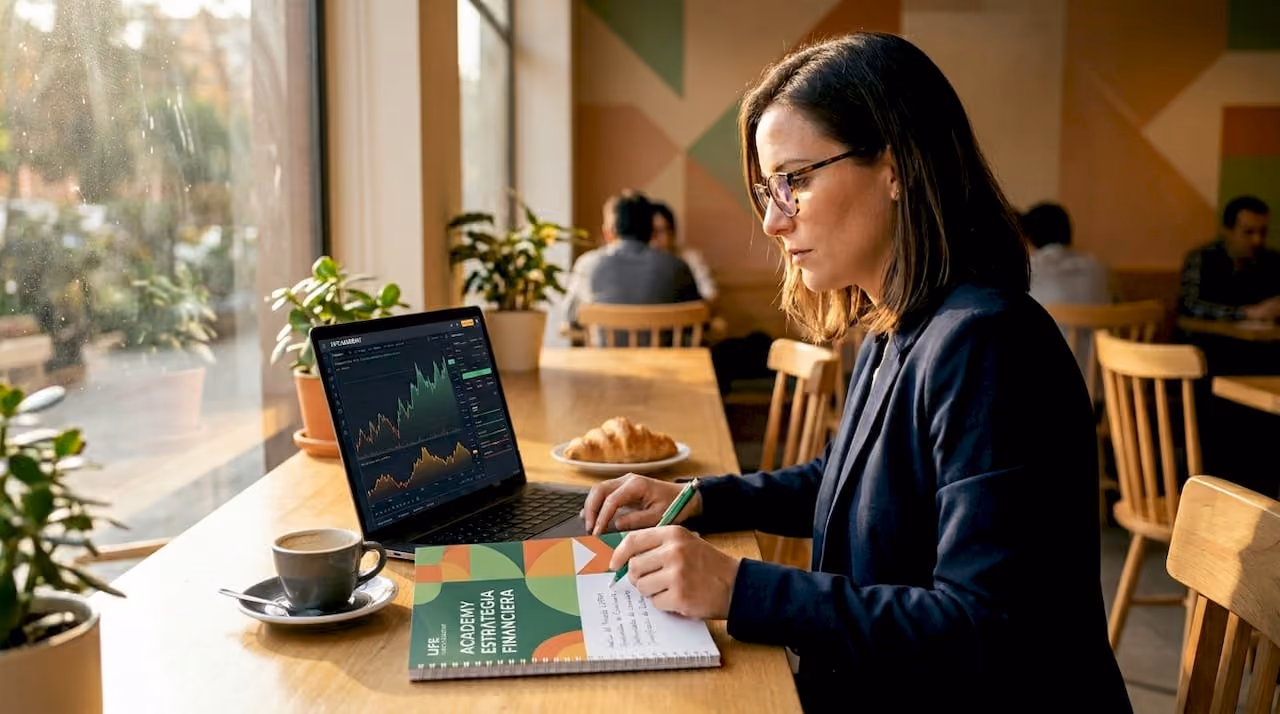 Mujer realizando operaciones de trading desde su portátil mientras disfruta de un café en una cafetería