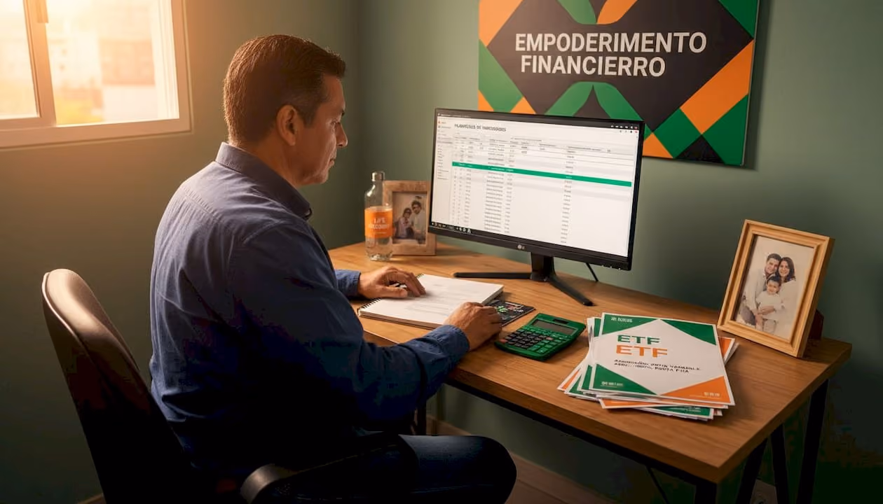 Hombre revisando y ajustando su cartera de ETFs en la oficina