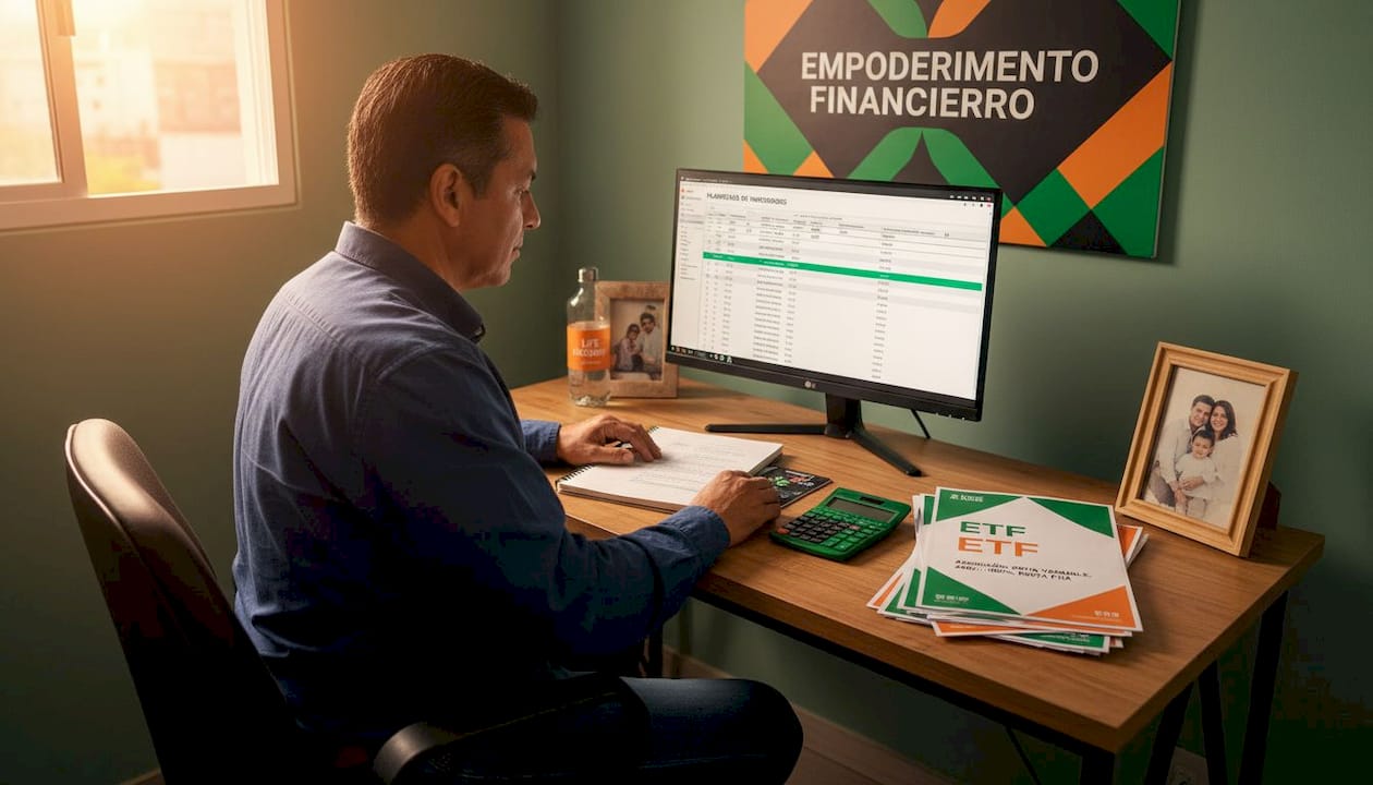 Hombre revisando y ajustando su cartera de ETFs en la oficina